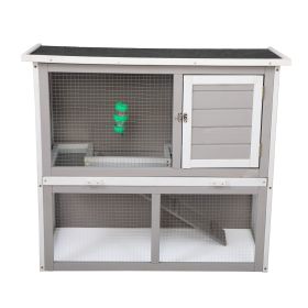 Wooden Rabbit Hutch with Pull Out Tray, Weatherproof 2-Tier Bunny Run Cage, Outdoor Animal Enclosure for Multiple Pets (Color: gray and white)