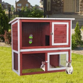 Wooden Rabbit Hutch with Pull Out Tray, Weatherproof 2-Tier Bunny Run Cage, Outdoor Animal Enclosure for Multiple Pets (Color: Red and White)